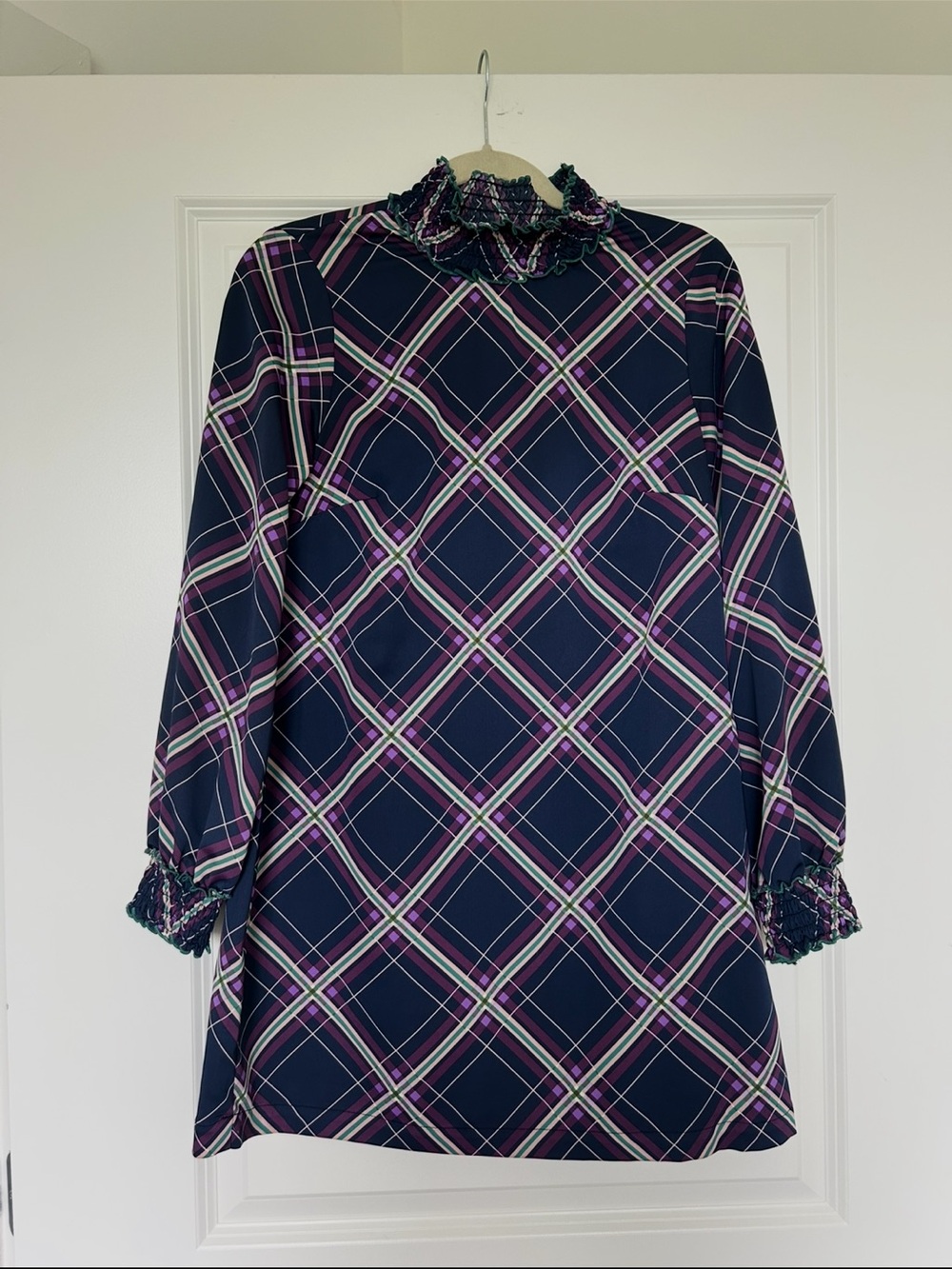 BCBGeneration Navy Plaid Ruffle-Neck Long-Sleeve Dress